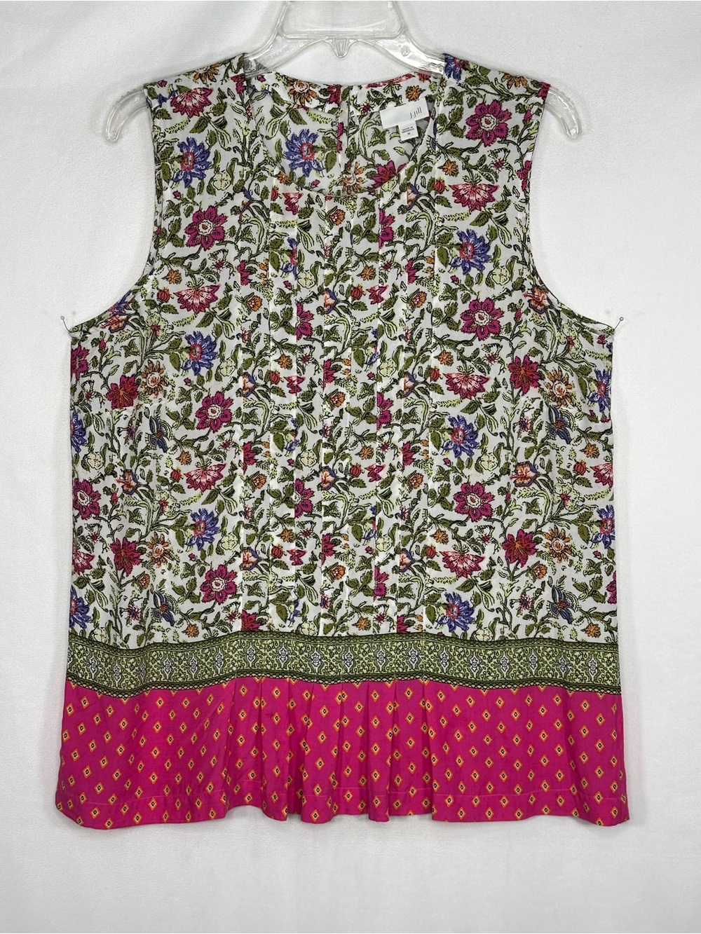 J Jill Boho Floral Print Blouse Pink Green Sleeveless Lightweight Sz M